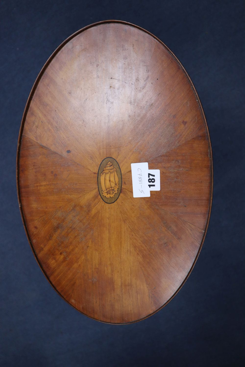 An Edwardian inlaid satinwood oval occasional table, with X- stretcher, height 2ft 0.5in, width 1ft 6in height 2ft 0.5in,